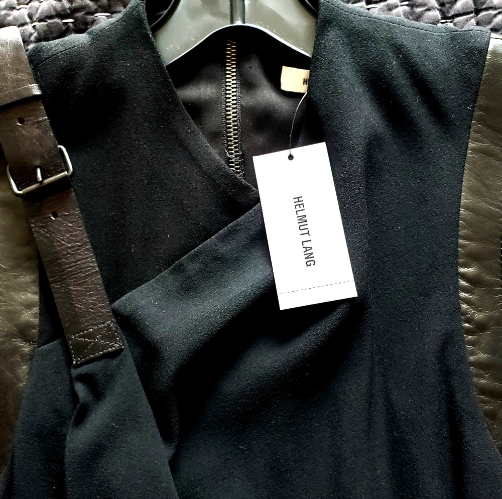 Helmut Lang black shift dress w/ leather trim NWT